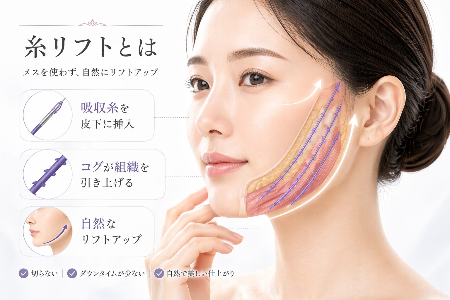 糸リフトの仕組み 溶ける糸でたるみを引き上げるイメージ