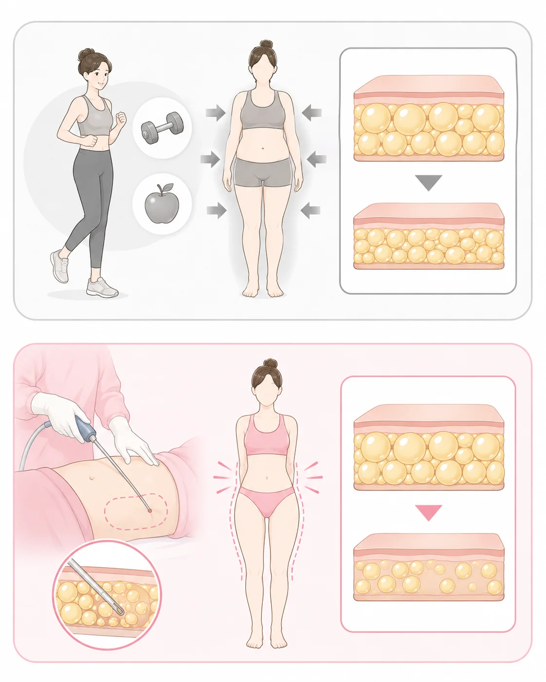 ダイエットは脂肪細胞が縮むだけ・脂肪吸引は脂肪細胞そのものを取り除く比較図